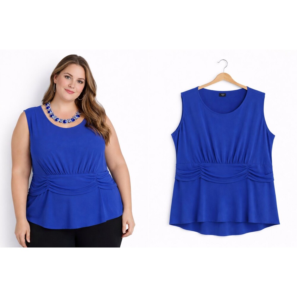 New Perceptions Plus Size Knit Blouse Top Size 24W Blue Ruched Sleeveless